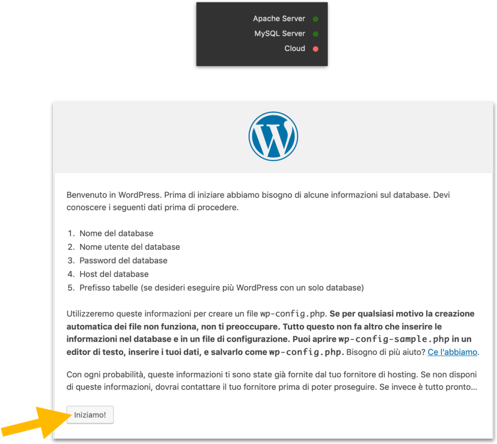 Avviare l'installazione di WordPress in locale